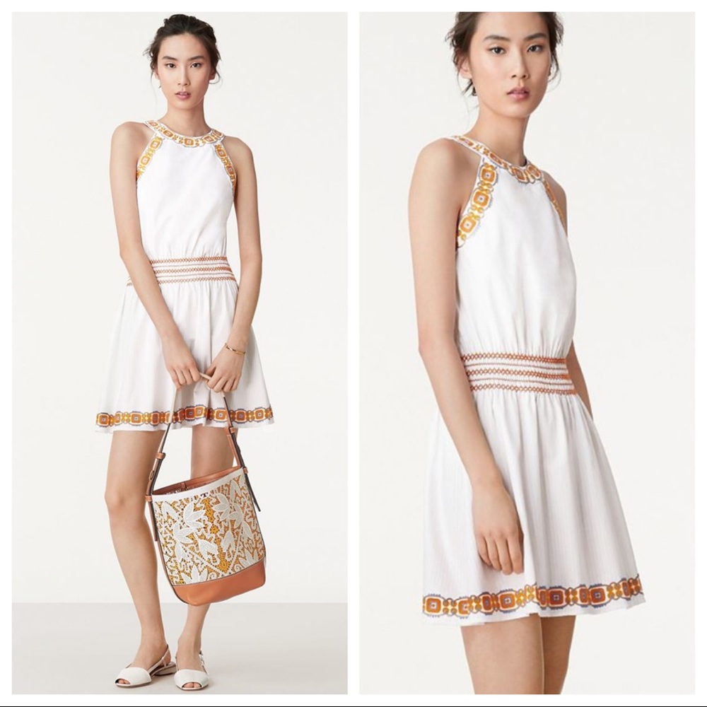 Tory Burch White Halter Dress with Gold-Orange Trim